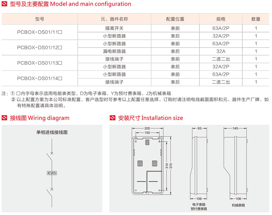 单相一表位电表箱型号、主要配置、接线图、安装尺寸 单相一表位电表箱型号、主要配置、接线图、安装尺寸