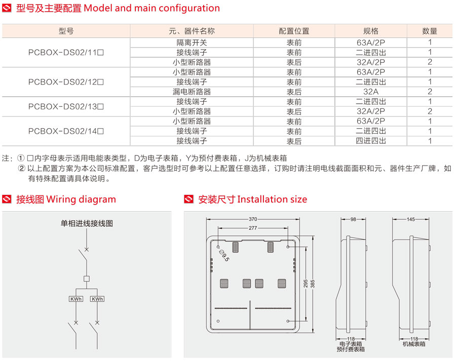 单相二表位电表箱型号、主要配置、接线图、安装尺寸 单相二表位电表箱型号、主要配置、接线图、安装尺寸